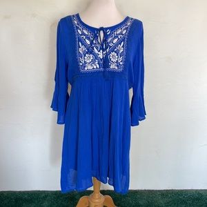 Entro Deep Blue Tunic with White  Embroidery Boho Bell Split Sleeve Top …